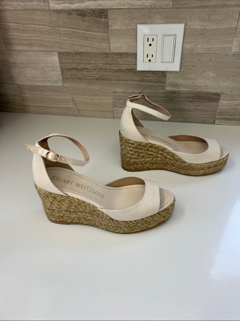 Stuart Weitzman espadrille open toe wedges heels sandals natural cream canvas - Picture 7 of 9